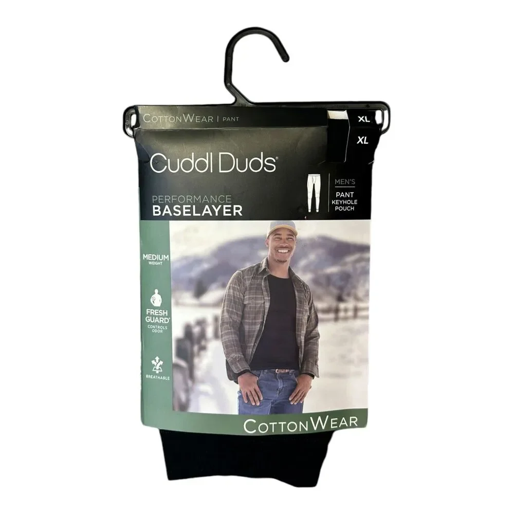 Men’s Base Layer Pants Midweight Cottonwear Performance Cuddl Duds Black Size XL